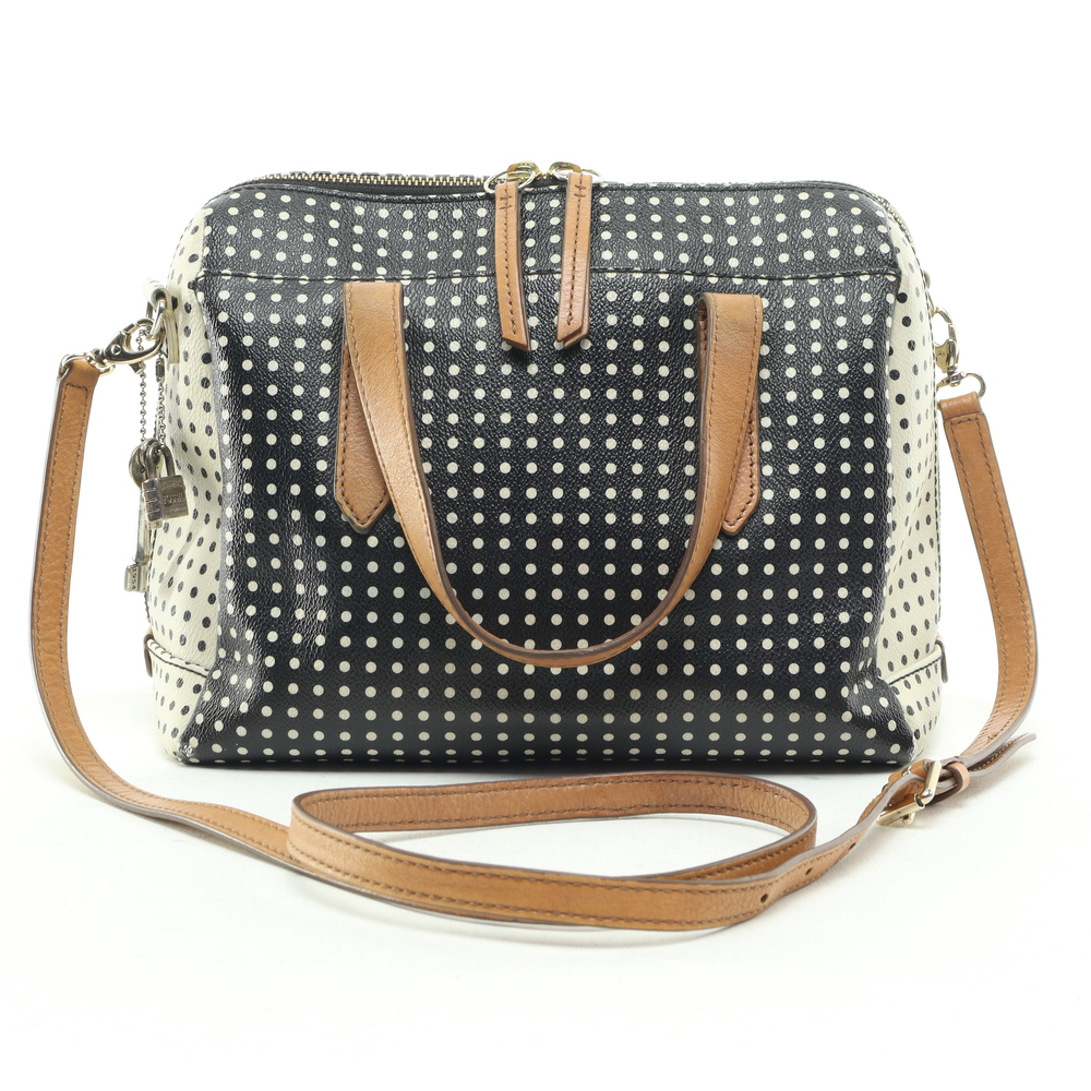 Fossil Sydney Polka Dot Satchel Purse Crossbody Women Bags 11x6x8 Black/White